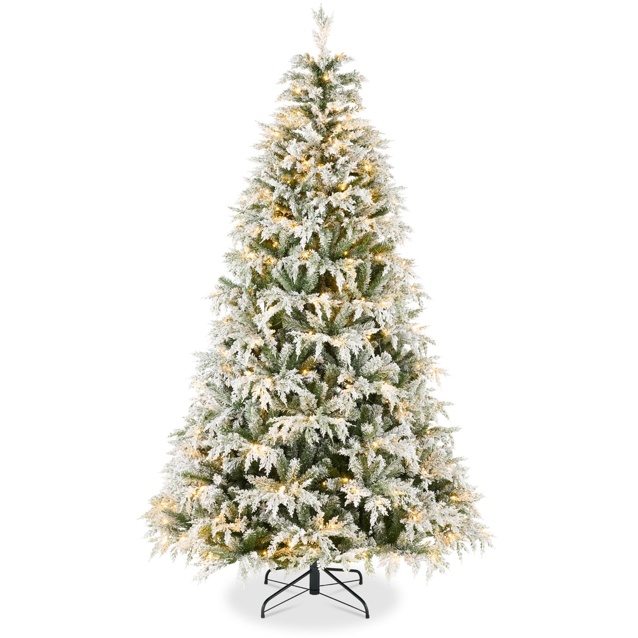 Pre-Lit Flocked Cedar Cypress Christmas Tree w/Twinkling Lights, Artificial Holiday Décor, White & Multicolored LEDs
